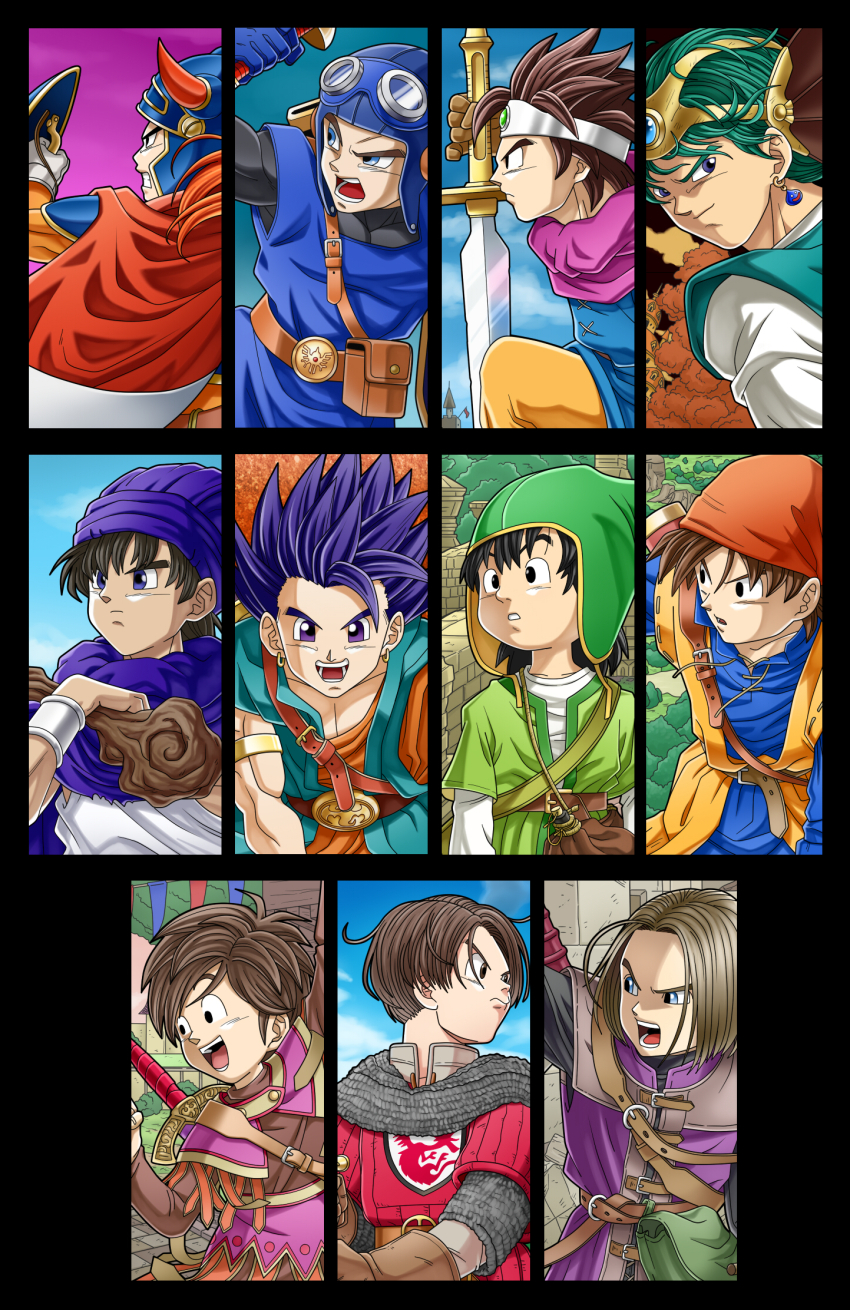 6+boys ancestor_and_descendant armor bandana black_border black_eyes black_hair blue_eyes blue_hair blue_tunic border brown_hair chainmail circlet clenched_teeth commentary_request dragon_quest dragon_quest_i dragon_quest_ii dragon_quest_iii dragon_quest_iv dragon_quest_ix dragon_quest_v dragon_quest_vi dragon_quest_vii dragon_quest_viii dragon_quest_x dragon_quest_xi earrings fake_horns floating_hair goggles goggles_on_headwear gold_earrings gold_headdress green_hair helmet hero_(dq1) hero_(dq10) hero_(dq11) hero_(dq3) hero_(dq4) hero_(dq5) hero_(dq6) hero_(dq7) hero_(dq8) hero_(dq9) highres holding holding_shield holding_sword holding_weapon hoop_earrings horned_helmet horns in-franchise_crossover jewelry kamakiri male_focus medium_hair multiple_boys muscular muscular_male open_mouth orange_bandana parted_hair partial_commentary prince_of_lorasia profile purple_eyes purple_turban roto_(dq3) shield short_hair silver_circlet single_bang slime_(dragon_quest) spiked_hair sword teeth toriyama_akira_(style) tunic weapon
