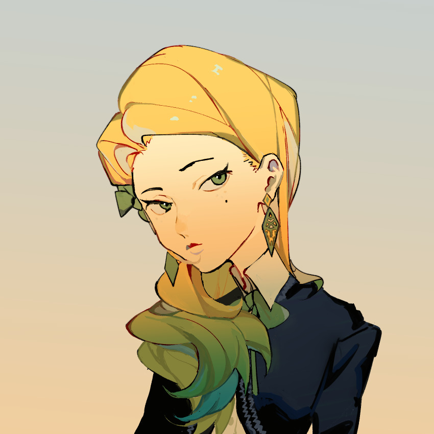 1girl black_jacket blonde_hair bow bowtie character_request chuanhua closed_mouth collared_shirt earrings gradient_background green_bow green_bowtie green_eyes hair_over_shoulder harry_potter:_magic_awakened harry_potter_(series) highres jacket jewelry long_hair mole mole_under_eye shirt simple_background solo upper_body white_shirt wizarding_world