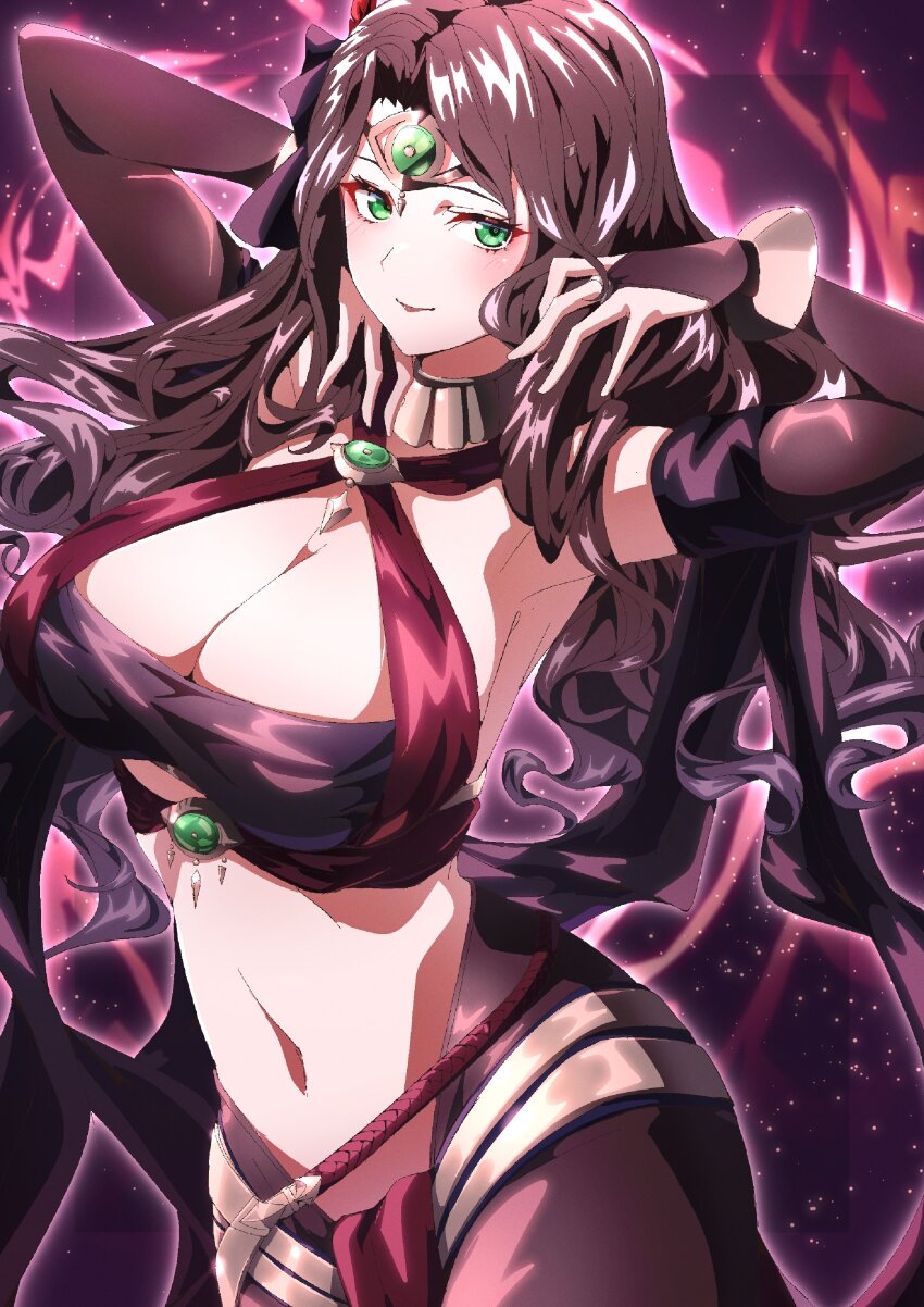 1girl absurdres armpits bracelet breasts brown_hair choker cleavage closed_mouth dancer dorothea_arnault dorothea_arnault_(plegian) fire_emblem fire_emblem:_three_houses fire_emblem_heroes green_eyes hands_up hat highres jewelry large_breasts long_hair looking_at_viewer navel nintendo official_alternate_costume revealing_clothes smile solo stomach to_(tototo_tk) two-tone_background