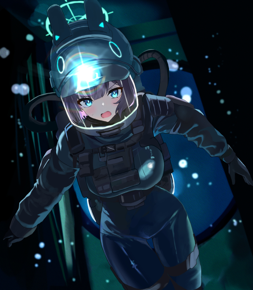 1girl air_bubble alternate_costume animal_ears aqua_eyes aqua_halo black_gloves black_hair blue_archive blunt_bangs blurry blurry_background blush breasts bright_pupils bubble commentary cowboy_shot diving diving_helmet diving_suit dry_suit dutch_angle fake_animal_ears film_grain flashlight frogman gloves hair_between_eyes halo helmet highres large_breasts long_sleeves looking_at_viewer open_mouth rabbit_ears saki_(blue_archive) short_hair signallerc solo sweatdrop symbol-only_commentary thigh_gap underwater v-shaped_eyebrows white_pupils
