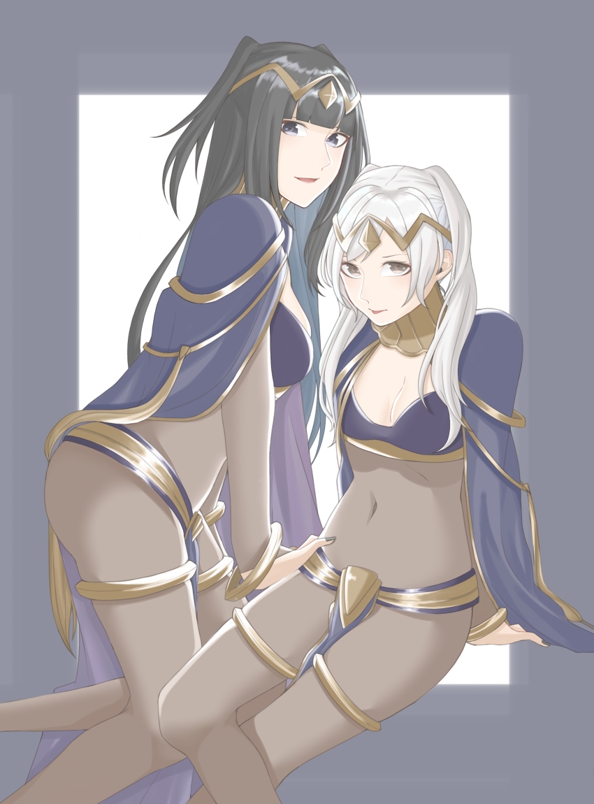 2girls ao_saryaruhu ass black_bra black_eyes black_hair black_nails bodysuit bra bracelet breasts cleavage_cutout cloak clothing_cutout cosplay covered_navel crossed_legs female_focus female_robin_(fire_emblem) fingernails fire_emblem fire_emblem_awakening foot_up full_body hand_on_another&#039;s_hip happy height_difference high_heels highres hime_cut intelligent_systems invisible_chair jewelry knees large_breasts legs light_blush loincloth long_hair looking_at_viewer matching_hair/eyes medium_breasts multiple_girls nail_polish nintendo open_mouth parted_lips revealing_clothes see-through_bodysuit see-through_clothes short_twintails sidelocks sitting smile swept_bangs tharja_(fire_emblem) tharja_(fire_emblem)_(cosplay) thighlet thighs tiara tongue tongue_out twintails underwear white_hair