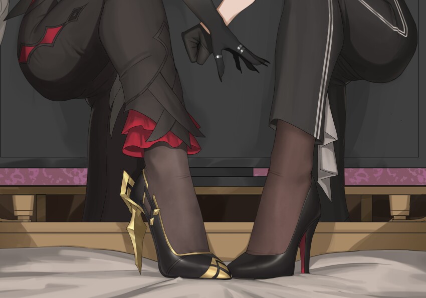 2girls absurdres arlecchino_(genshin_impact) black_gloves black_pants black_pantyhose black_shoes character_request check_character feet footwear_focus genshin_impact gloves gold_trim high_heels highres jewelry legs lower_body multiple_girls pants pantyhose pantyhose_under_pants ring sa-baaa shadow shoes stepping stiletto_heels toe_cleavage wuthering_waves zani_(wuthering_waves)