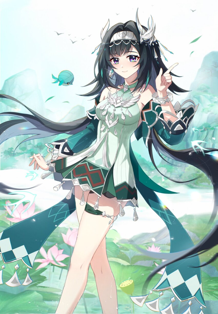 1girl bare_legs bare_shoulders bird black_hair breasts closed_mouth detached_sleeves dress feet_out_of_frame flower genshin_impact grey_hairband hair_intakes hair_ornament hairband hand_up highres hill index_finger_raised jewelry lan_yan_(genshin_impact) long_hair long_sleeves looking_at_viewer lotus lotus_pod outdoors purple_eyes smile solo standing thigh_strap very_long_hair water yimi_(jwee7342)