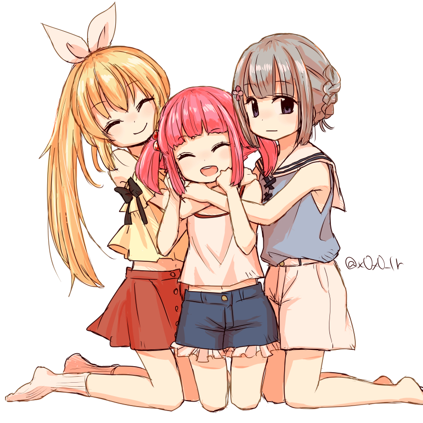 3girls absurdres aged_down barefoot blonde_hair blue_shorts blush braid closed_eyes closed_mouth grey_hair hair_ribbon highres hug long_hair looking_at_viewer magia_record:_mahou_shoujo_madoka_magica_gaiden mahou_shoujo_madoka_magica mikuri_ayame multiple_girls open_mouth pink_hair ponytail purple_eyes ribbon rioran sailor_collar shirt shizumi_konoha short_hair shorts simple_background skirt sleeveless smile socks white_background white_shirt white_shorts white_socks yusa_hazuki