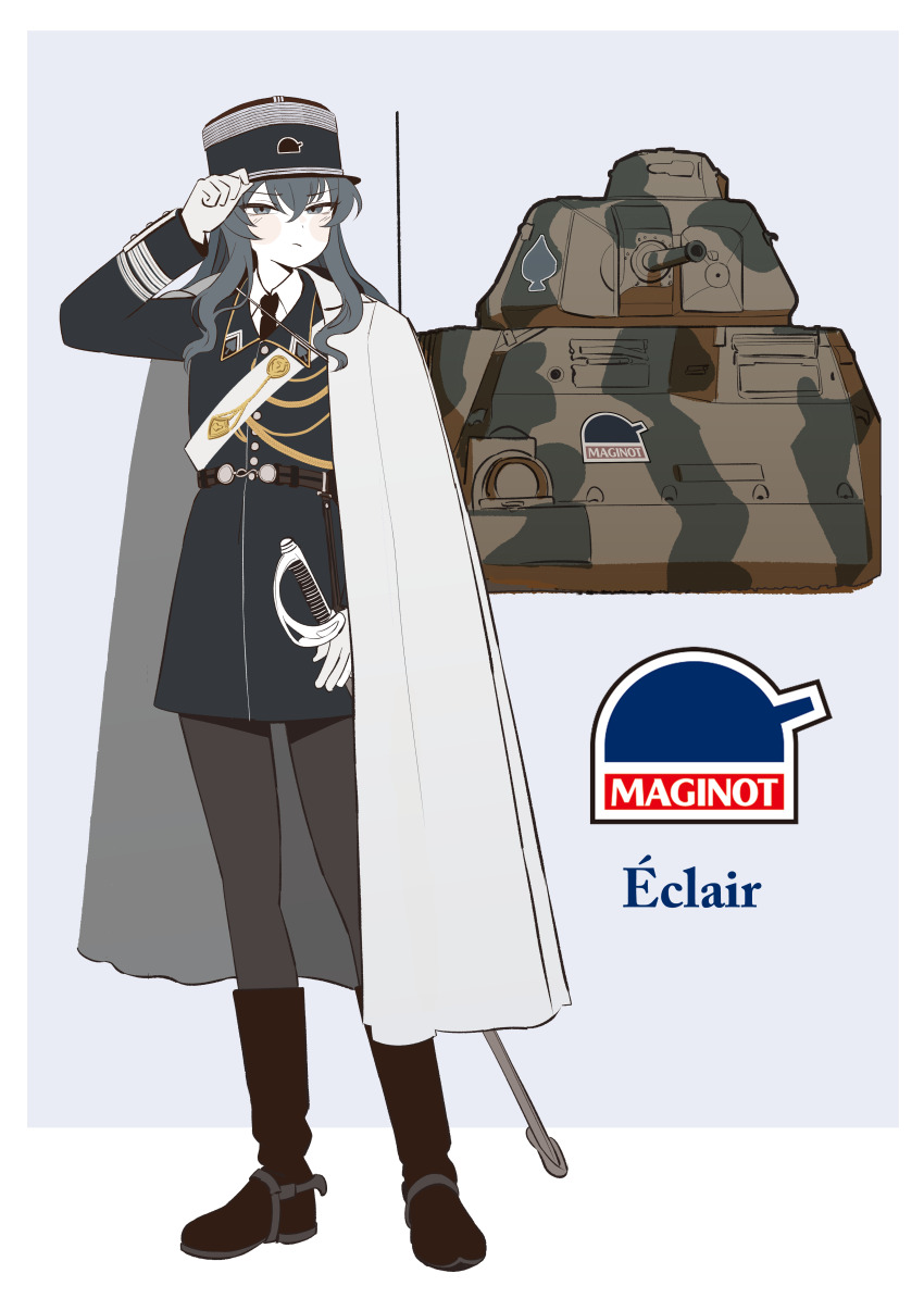 1girl absurdres adjusting_clothes adjusting_headwear alternate_costume black_footwear black_necktie black_pants blue_eyes blue_hair blue_jacket blush boots collared_shirt eclair_(girls_und_panzer) french_army frown girls_und_panzer girls_und_panzer_gekitou!_maginot-sen_desu!! gulyas hat highres holding holding_sword holding_weapon jacket kepi long_hair looking_at_viewer maginot_(emblem) military_hat military_uniform military_vehicle motor_vehicle necktie pants shirt somua_s35 sword tank weapon white_shirt
