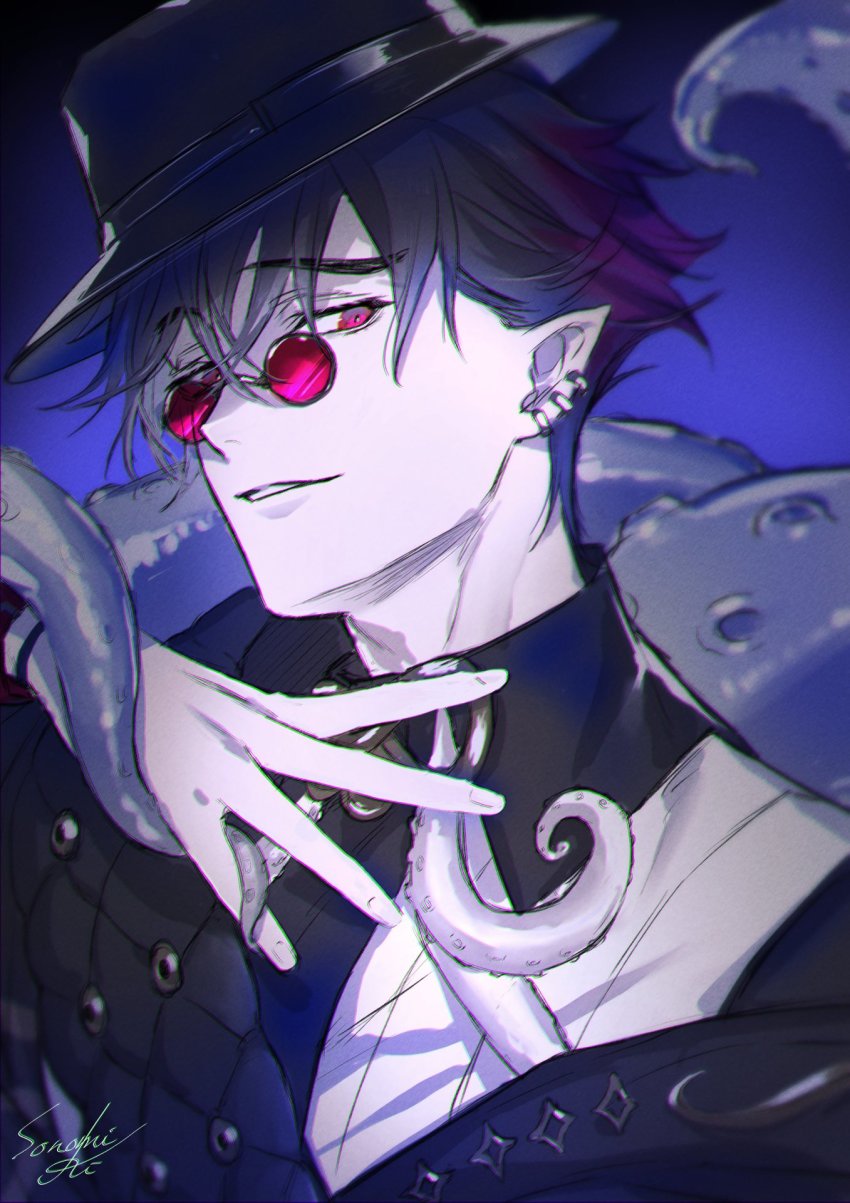 1boy alchemy_stars black_hair black_hat crossed_bangs ear_piercing fedora glasses gradient_hair hair_between_eyes hat highres kleken_(alchemy_stars) long_sleeves male_focus multicolored_hair pale_skin parted_lips piercing pince-nez pointy_ears purple_hair red-tinted_eyewear red_eyes round_eyewear signature simple_background solo sonomi tentacles tilted_headwear tinted_eyewear upper_body