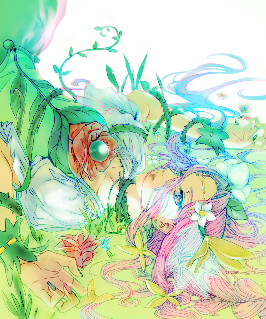 1girl braid butterfly_hair_ornament cure_felice fingernails flower flower_in_eye grass green_eyes hair_flower hair_ornament highres leaf leaf_hair_ornament lips looking_at_viewer lying mahou_girls_precure! multicolored_nails on_grass otimusyairoha pink_hair precure puffy_sleeves red_flower red_rose rose solo solo_focus symbol_in_eye thorns twin_braids visible_ears