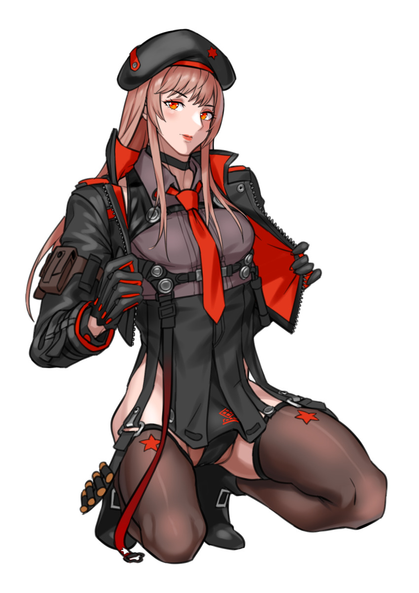 1boy beret black_gloves black_jacket breasts brown_hair bulge cropped_jacket crossdressing crossdressing_(mtf) genderswap genderswap_(ftm) gloves goddess_of_victory:_nikke hat highres jacket kneeling long_hair necktie p.maker rapi_(nikke) red_eyes red_necktie simple_background solo testicles thighhighs