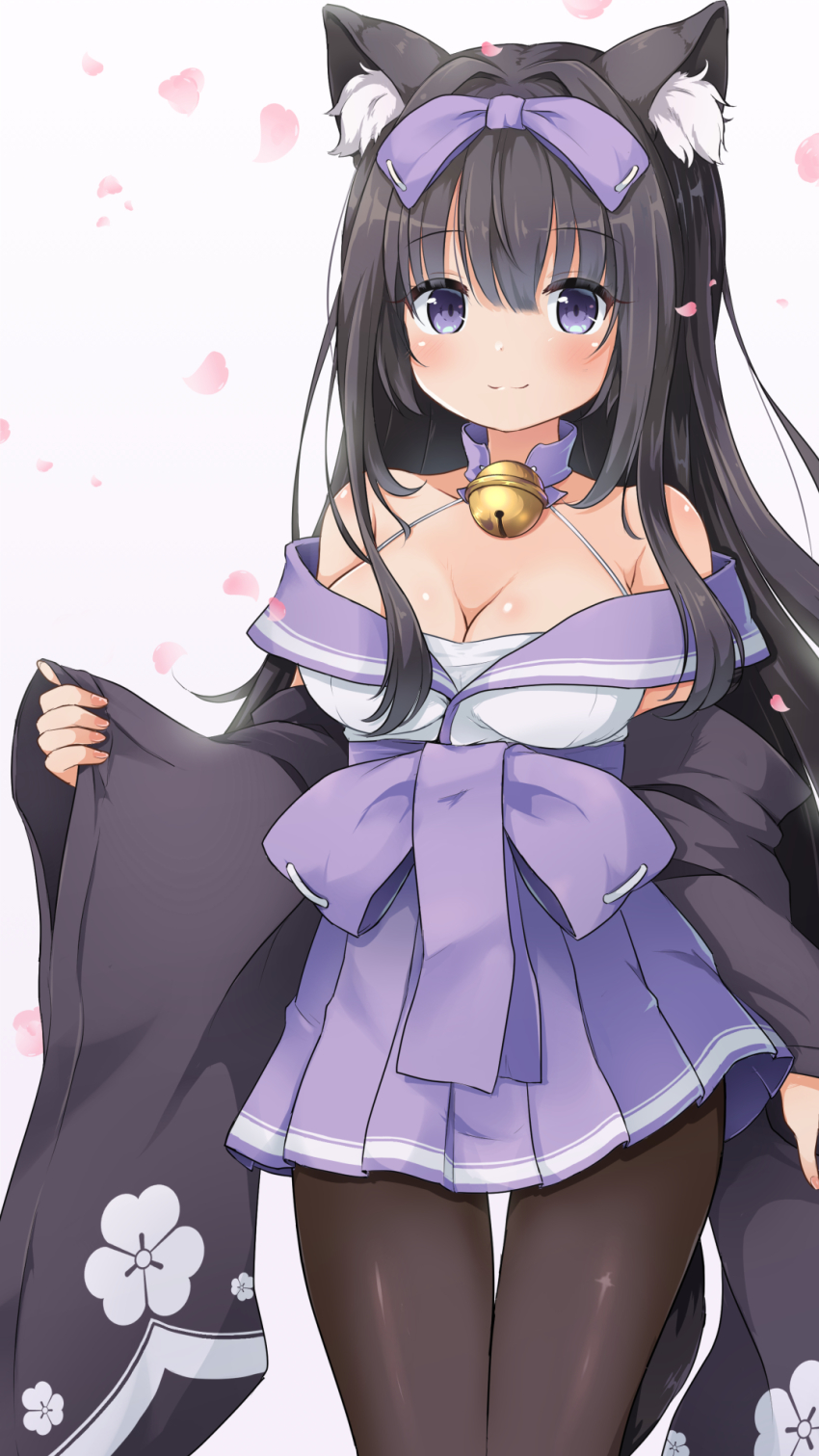 1girl animal_ear_fluff animal_ears arashio_(azur_lane) azur_lane bell black_hair blush bow breasts cat_ears cat_girl cat_tail choker cleavage female_focus floral_print hair_bow hair_intakes highres japanese_clothes kimono large_breasts long_hair looking_at_viewer neck_bell nekono_rin off_shoulder pantyhose petals pleated_skirt purple_bow purple_eyes skirt solo tail wide_sleeves