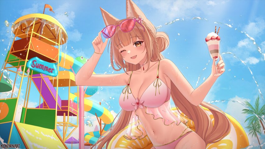 1girl absurdres animal_ears artist_name bikini blue_sky braid breasts brown_eyes brown_hair cleavage cloud collarbone eyewear_on_head flower food fox_ears fox_girl fruit hair_flower hair_ornament highres holding indie_virtual_youtuber innertube konyanart kyukina_(vtuber) linea_alba long_hair mole mole_under_eye navel one_eye_closed open_mouth palm_tree parfait pink_bikini pink_flower second-party_source sky smile solo strawberry sunglasses swim_ring swimsuit tree virtual_youtuber
