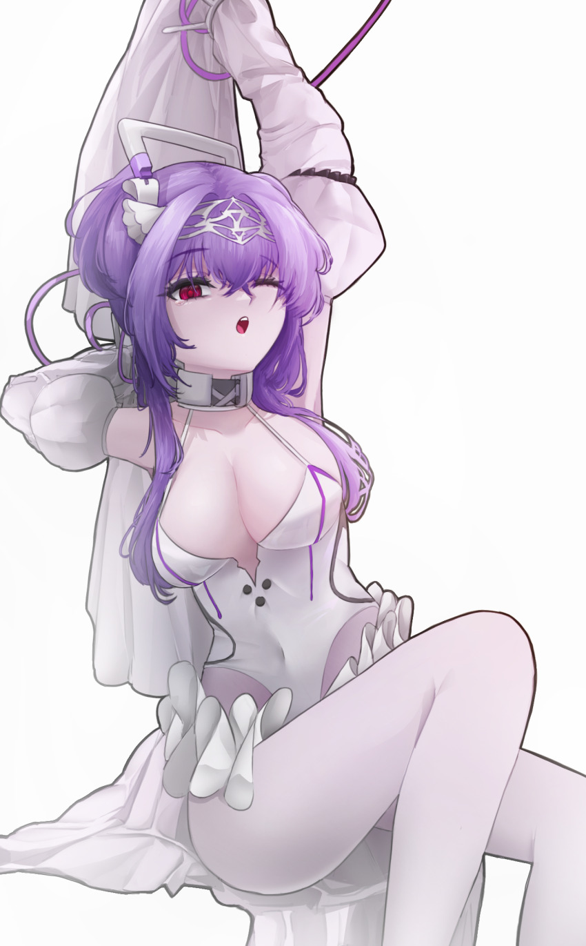 1girl :o arm_up armpits bare_shoulders bell_sleeves breasts choker cleavage collarbone commentary covered_navel crossed_bangs detached_sleeves dress english_commentary eyelashes frilled_sleeves frills goddess_of_victory:_nikke hair_between_eyes hair_intakes hairband highres juliet_sleeves leotard liberalio_(nikke) long_bangs long_hair long_sleeves medium_breasts open_mouth pantyhose puffy_sleeves purple_hair purple_trim red_eyes rh4a8p sitting solo stretching tears teeth tongue upper_teeth_only white_choker white_dress white_hairband white_leotard white_pantyhose wire yawning