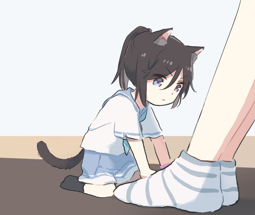 animal_ears black_hair black_socks blue_eyes blue_neckerchief blue_sailor_collar blue_skirt cat_ears cat_girl chibi closed_mouth hibike!_euphonium highres kasaki_nozomi kitauji_high_school_uniform kneeling liz_to_aoi_tori long_hair looking_down lyy neckerchief pleated_skirt sailor_collar school_uniform serafuku shirt short_sleeves skirt socks tail white_shirt yoroizuka_mizore