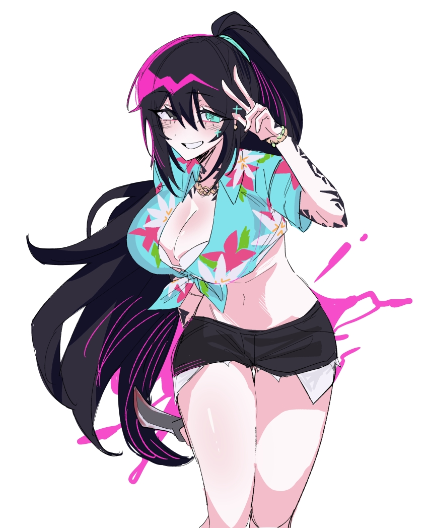 absurdres aqua_eyes bare_legs black_eyes blood blood_splatter bra bracelet breasts cleavage collared_shirt cowboy_shot genderswap genderswap_(mtf) hairband hawaiian_shirt heterochromia high_ponytail highres holding_karambit hong_lu_(project_moon) jewelry karambit large_breasts limbus_company looking_at_viewer navel necklace ponytail project_moon sei02080308 shirt shorts smile sparkle tattoo thighs tied_shirt tingtang_boss_(project_moon) tingtang_gang_(identity)_(project_moon) underwear v