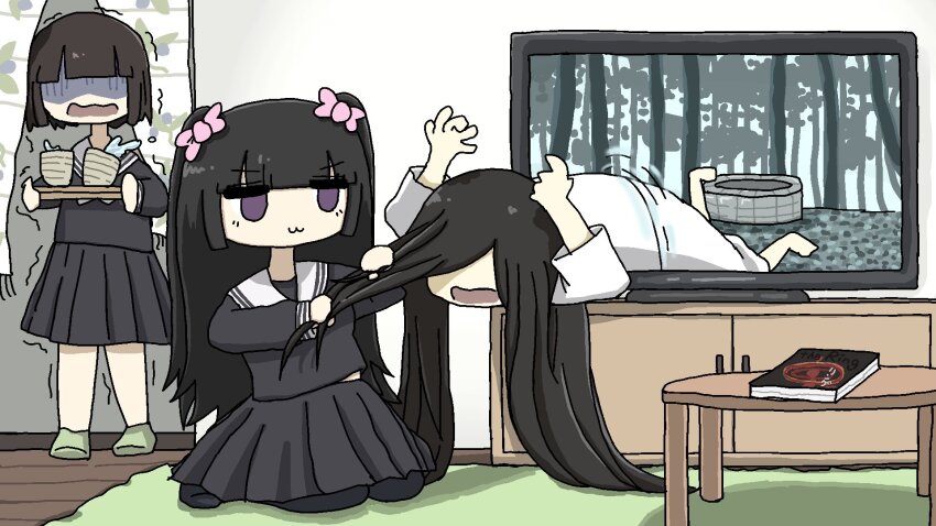 3girls :3 barefoot black_hair black_pantyhose black_shirt black_skirt blunt_bangs bob_cut bow brown_hair dvd_case fuchina_(fucinami) grabbing_another&#039;s_hair green_socks hair_bow hair_over_eyes highres hime_cut holding holding_tray living_room long_hair long_sleeves movie_reference multiple_girls no_pupils original pantyhose pink_bow pleated_skirt purple_eyes robe sailor_collar sayu-chan_(fuchina) school_uniform serafuku shaded_face shirt short_hair ankle_socks skirt socks table tea television the_ring through_medium through_screen tray trembling twintails two_side_up very_long_hair well white_robe white_sailor_collar yamamura_sadako yato-chan_(fuchina)