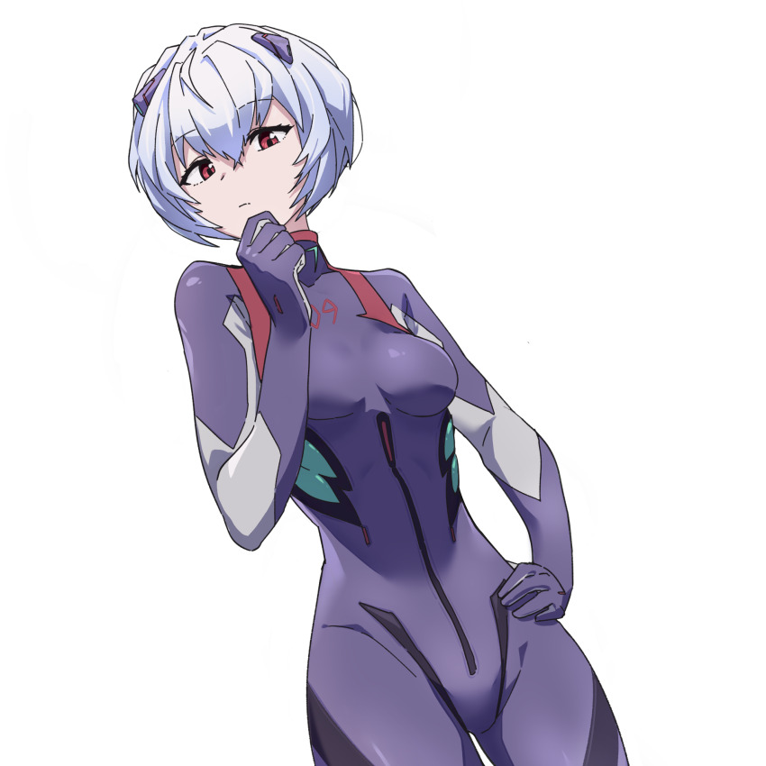 1girl ayanami_rei black_bodysuit blue_hair bodysuit breasts commission dutch_angle evangelion:_3.0+1.0_thrice_upon_a_time hand_on_own_chin hand_on_own_hip hanten_(hantennano) highres interface_headset_(evangelion) looking_at_viewer mecha_pilot_suit neon_genesis_evangelion plugsuit_(evangelion) rebuild_of_evangelion red_eyes short_hair simple_background solo white_background