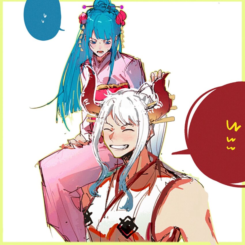 2girls ^_^ blue_eyes blunt_bangs closed_eyes hair_ornament hashtag-only_commentary highres horns japanese_clothes kimono kouzuki_hiyori long_hair multiple_girls obi on_shoulder one_piece onecata11 pink_kimono pink_sash ponytail red_horns sash sidelocks sleeveless sleeveless_kimono smile sweatdrop white_background white_hair white_kimono yamato_(one_piece)