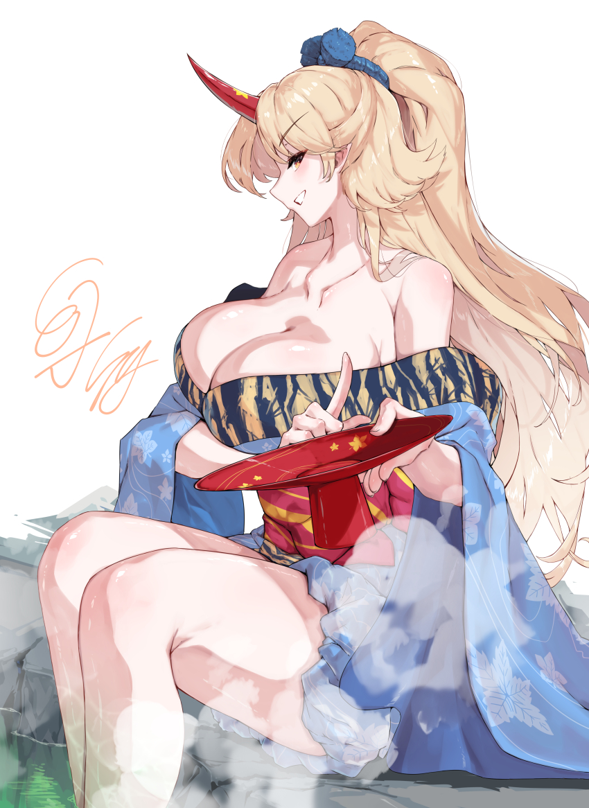 1girl absurdres blonde_hair blue_kimono blush breasts cleavage commentary cone_horns cup highres holding holding_cup horns hoshiguma_yuugi hoshiguma_yuugi_(kimono) huge_breasts japanese_clothes kimono kimono_pull long_hair looking_at_viewer onsen ponytail profile sakazuki signature sitting smile soaking_feet solo sunnysideup touhou very_long_hair