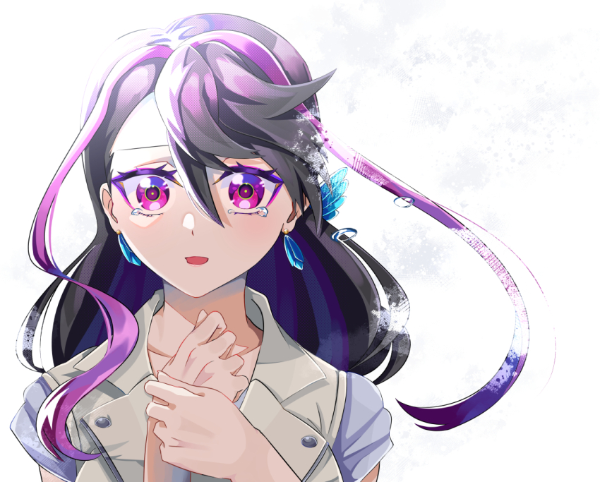 1girl black_hair collarbone earrings jewelry kurosaki_ruri long_hair multicolored_hair otowaika purple_eyes purple_hair shirt simple_background solo tears two-tone_hair upper_body vest white_background white_shirt white_vest yu-gi-oh! yu-gi-oh!_arc-v