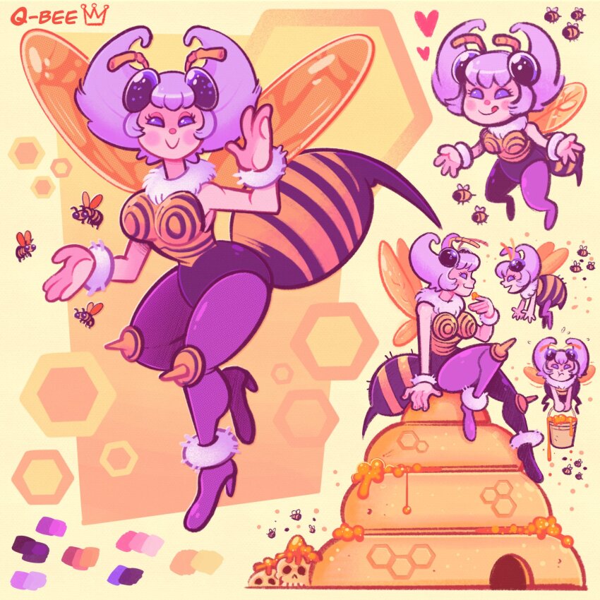 :d abdomen_tail antennae arthropod_girl bee bee_girl black_eyes black_sclera blush blush_stickers breasts bug cartoonized color_guide colored_sclera darkstalkers extra_eyes fur-trimmed_leotard fur_collar fur_trim fur_wrist_cuffs happy highres hive honey honeycomb_(pattern) insect insect_girl insect_wings knee_spikes large_breasts leotard medium_breasts monster_girl mostlyghostly multiple_girls multiple_views open_mouth pantyhose purple_hair purple_pantyhose q-bee short_hair simple_background skull smile solid_eyes spikes stinger toon_(style) white_background wings wrist_cuffs