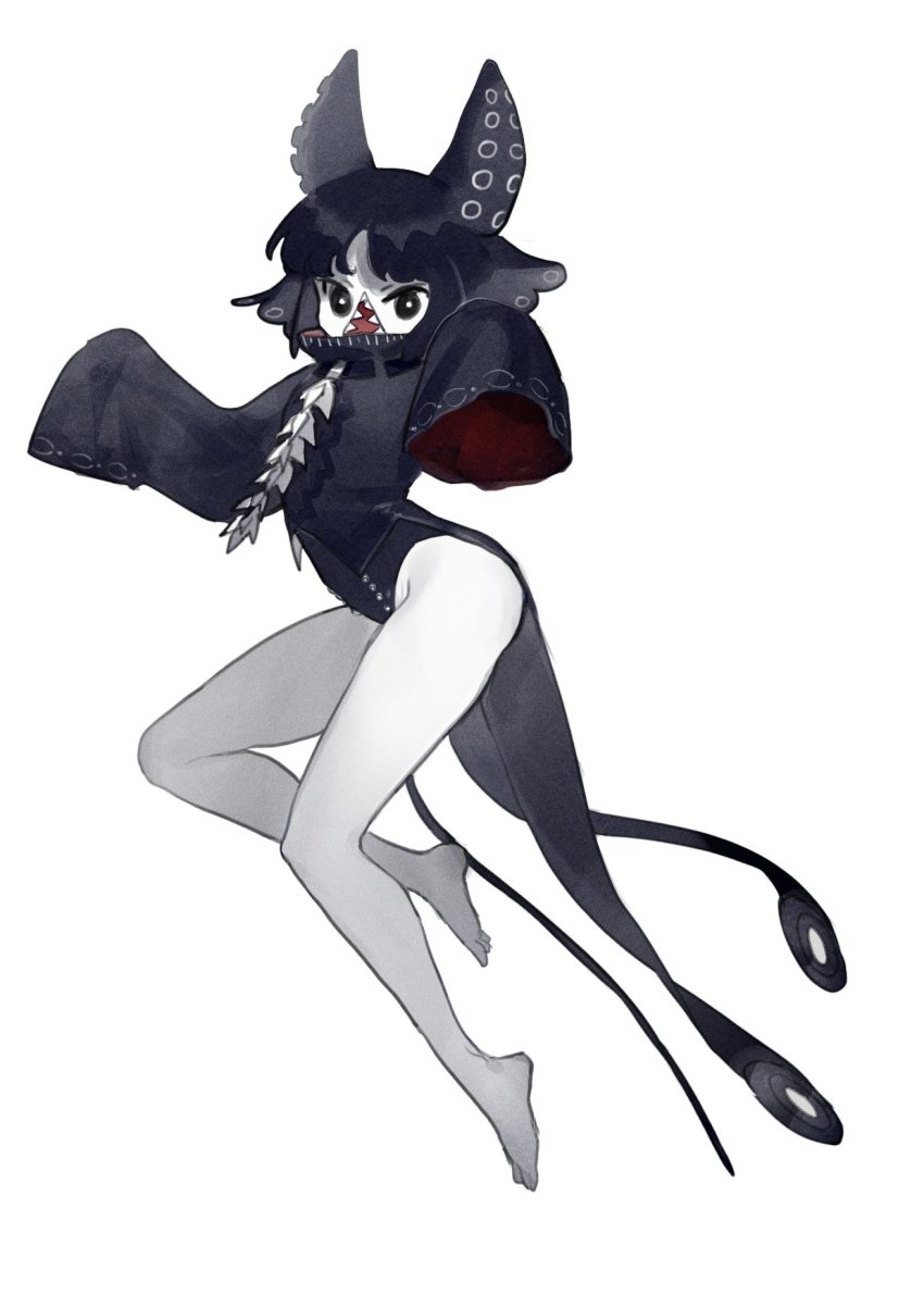 1girl bare_legs barefoot black_eyes black_hair black_leotard collar copyright_request floating_hair groin haiyahaiyohai highres leotard long_sleeves looking_at_viewer monster_girl open_mouth outstretched_arms sharp_teeth short_hair shub-niggurath sideways_mouth simple_background sleeves_past_fingers sleeves_past_wrists solo teeth tentacle_hair tentacles train_(clothing) two-sided_fabric white_background wide_sleeves zombie_pose