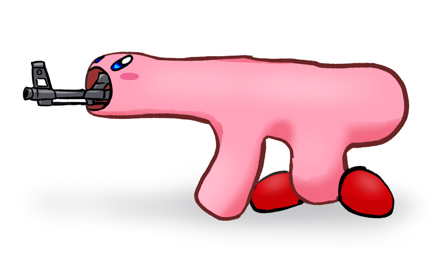 ak-47 assault_rifle blush_stickers colored_skin gun highres kalashnikov_rifle kirby kirby_(series) kirby_and_the_forgotten_land mouthful_mode nintendo no_humans pink_skin rifle shibulio simple_background solid_oval_eyes solo weapon white_background