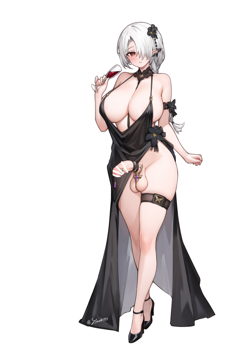 1girl alcohol arm_strap artist_name bar_censor between_breasts black_dress black_flower black_shoes blush braid breasts censored collarbone cup dress evening_gown flower full_body futanari hair_flower hair_ornament high_heels highres holding holding_cup long_hair long_sleeves looking_at_viewer no_panties parted_lips pelvic_curtain penis penis_piercing piercing plunging_neckline pointy_ears red_eyes shoes simple_background single_braid skindentation sleeveless sleeveless_dress solo standing stmast testicles thigh_strap twitter_username veins veiny_penis white_background wine