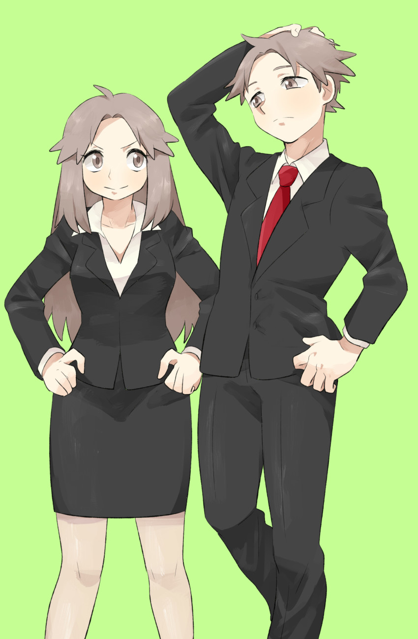 1boy 1girl absurdres formal_clothes highres leaf_(pokemon) nintendo pokemon pokemon_frlg pumpkinpan red_(pokemon) red_(pokemon_frlg) suit tagme