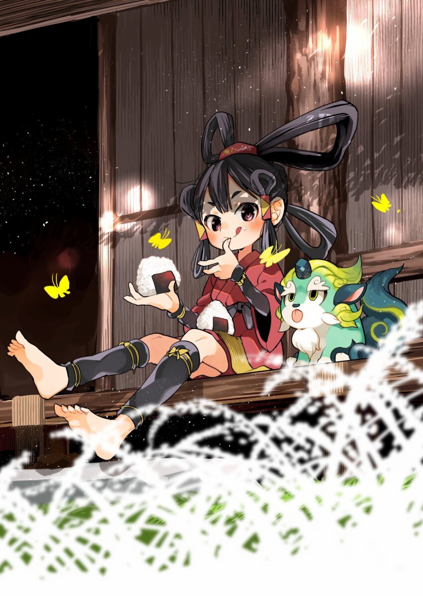 1girl :q barefoot black_hair blush commentary food food_on_face hair_rings highres holding holding_food japanese_clothes kashi-k kimono mizura onigiri red_kimono sakuna-hime sitting symbol-only_commentary tama-jii tensui_no_sakuna-hime tongue tongue_out wide_sleeves