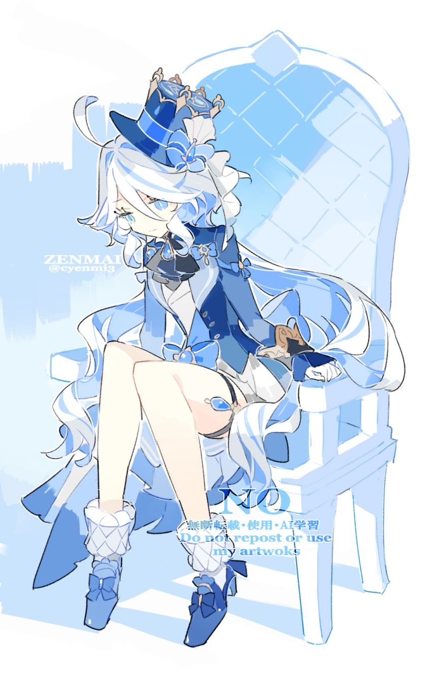 1girl ahoge arm_support ascot back_bow black_ascot blue_bow blue_coat blue_eyes blue_hair blue_hat blue_shoes bow chair coat colored_inner_hair cyenmi3 full_body furina_(genshin_impact) genshin_impact gloves hat heterochromia highres long_hair looking_down multicolored_hair shadow shoes simple_background socks solo streaked_hair tailcoat thigh_strap thighs top_hat twitter_username very_long_hair watermark white_background white_gloves white_hair white_socks