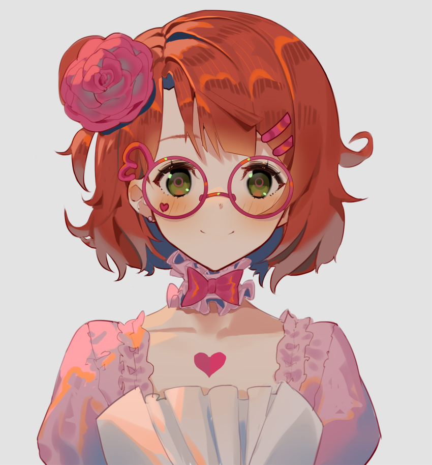 awakening_promise_(love_live!) blunt_bangs bow bow_choker bowtie choker collarbone dress earrings flower frilled_dress frills hair_bun hair_flower hair_ornament hairpin highres hk_(hk) jewelry love_live! love_live!_nijigasaki_high_school_idol_club medium_hair orange_hair pink_dress pink_hair purple_flower side_bun single_side_bun solo split_mouth swept_bangs uehara_ayumu yellow_eyes