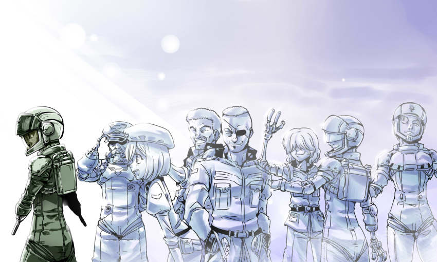 10s 1girl 6+boys beard daryl_lorenz eyepatch facial_hair fisher_ness gundam gundam_thunderbolt hat highres hook_hand hoover_(gundam_thunderbolt) keith_meyers layton_(gundam_thunderbolt) military military_uniform multiple_boys mustache prosthesis prosthetic_arm sean_mitadera tukiwani