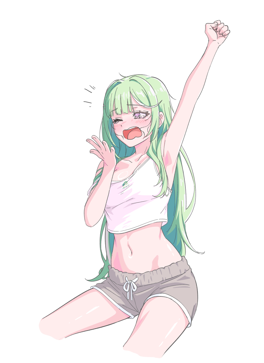 1girl absurdres arm_up armpits bare_arms bare_shoulders breasts camisole collarbone crop_top crop_top_overhang cropped_legs drawstring green_hair grey_shorts hand_up highres long_hair looking_ahead medium_breasts midriff navel one_eye_closed open_mouth purple_eyes shirt short_shorts shorts shuturmouth_64 simple_background sleeveless sleeveless_shirt solo stellive stomach strap_slip tearing_up thighs very_long_hair virtual_youtuber waking_up white_background white_shirt yuzuha_riko