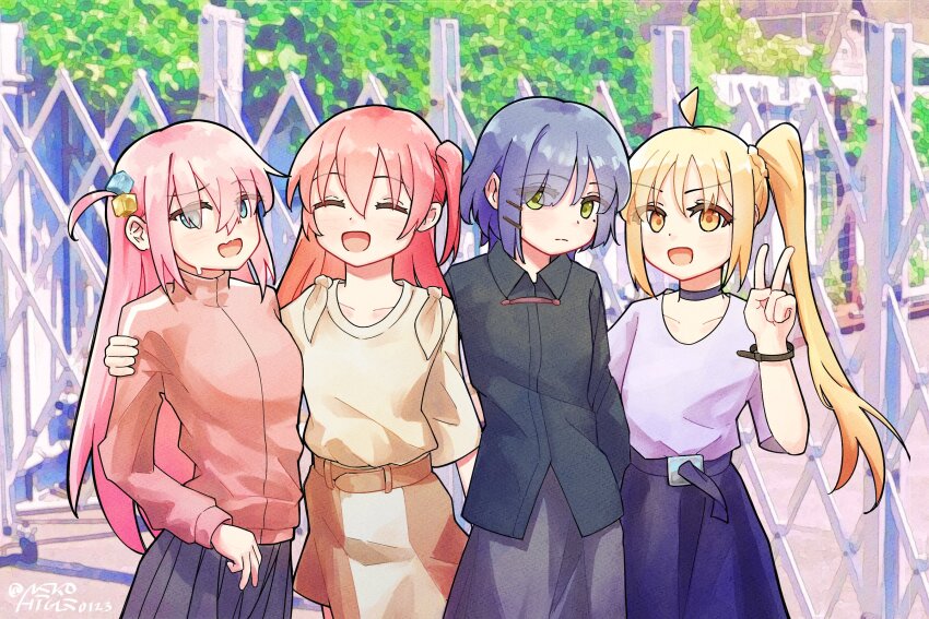 4girls ahoge black_choker black_shirt blonde_hair blue_hair blue_skirt bocchi_the_rock! brown_bracelet brown_shirt choker closed_eyes collarbone collared_shirt commentary cube_hair_ornament gotoh_hitori green_eyes grey_skirt group_picture hair_between_eyes hair_ornament hairclip hand_on_another&#039;s_shoulder highres ijichi_nijika jacket kita_ikuyo long_hair long_sleeves looking_at_viewer mole mole_under_eye multicolored_hair multiple_girls nekohige0123 one_side_up open_mouth orange_eyes pink_jacket pleated_skirt red_hair roots_(hair) shirt side_ponytail sidelocks skirt twitter_username v white_shirt yamada_ryo
