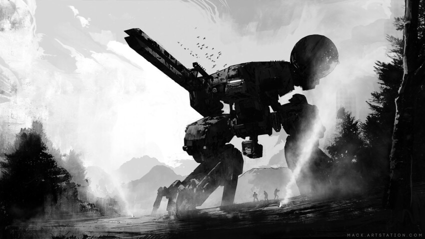 3others ambiguous_gender commentary english_commentary greyscale gun holding holding_gun holding_weapon mack_sztaba mecha metal_gear_(robot) metal_gear_(series) metal_gear_rex metal_gear_solid monochrome mountain multiple_others non-humanoid_robot outdoors robot science_fiction shoulder_cannon walker_(robot) watermark weapon web_address