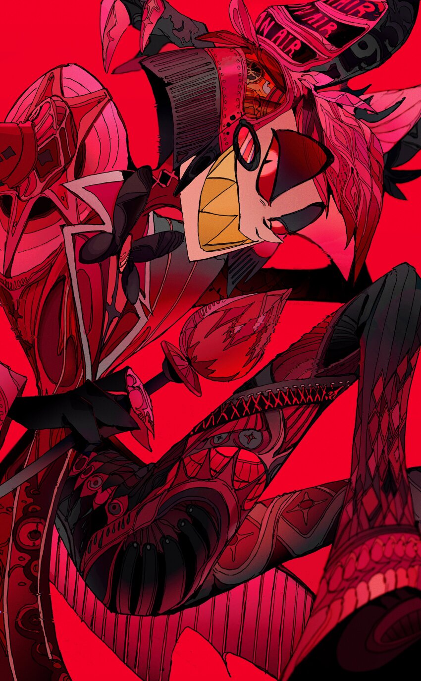 1boy absurdres alastor_(hazbin_hotel) colored_sclera demon demon_boy evil_grin evil_smile formal_clothes full_body grin hazbin_hotel highres looking_at_viewer monocle pants red_eyes red_hair red_pants red_sclera red_suit smile solo suit yadu_nadu