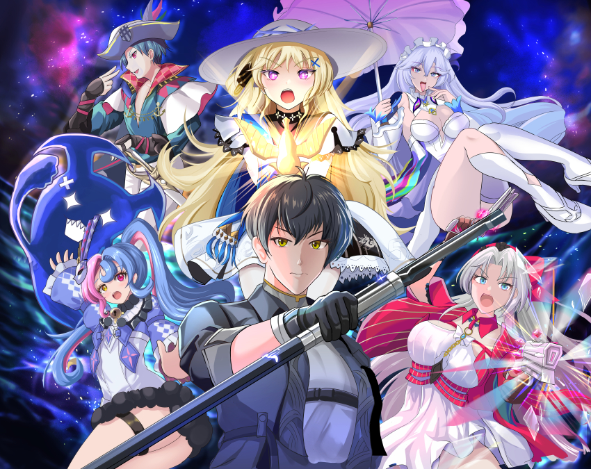 absurdres aiming black_gloves black_hair black_jacket blonde_hair blue_hair boots brant_(wuthering_waves) breasts cantarella_(wuthering_waves) carlotta_(wuthering_waves) dress galaxy_background gloves grey_shirt gun hat heterochromia high_heel_boots high_heels highres holding holding_gun holding_sword holding_umbrella holding_weapon jacket jewelry light_rays male_rover_(wuthering_waves) medium_breasts multicolored_eyes multicolored_hair open_clothes open_jacket open_mouth pero_(wuthering_waves) phoebe_(wuthering_waves) pirate_hat purple_eyes roccia_(wuthering_waves) rover_(wuthering_waves) scabbard sheath shirt sword two-tone_eyes two-tone_hair umbrella user_yexv8485 weapon white_boots white_dress white_hair white_hat wuthering_waves yellow_eyes