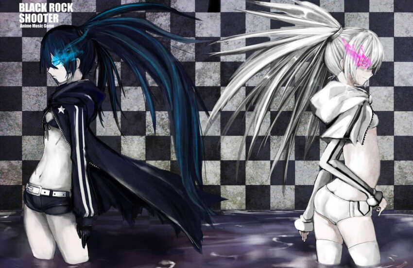bbb577 belt bikini black_coat black_rock_shooter black_rock_shooter_(character) black_shorts black_vs_white blue_hair coat flaming_eye glowing glowing_eye highres long_hair midriff no_shirt pale_skin polar_opposites scar shorts star_(symbol) swimsuit twintails uneven_twintails white_bikini white_hair white_rock_shooter white_shorts
