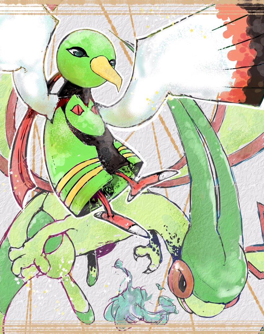 black_eyes black_wings bwmtk1110 claws dragon fangs flygon flying gen_2_pokemon gen_3_pokemon green_wings highres multicolored_wings nintendo no_humans open_mouth pokemon pokemon_(creature) red_wings tail white_wings wings xatu
