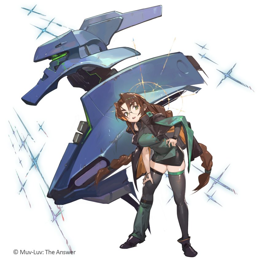 black_jacket boots braid breasts brown_hair glasses green_eyes hand_on_own_hip hand_on_own_thigh highres muv-luv:_dimensions jacket jacket_on_shoulders leaning_forward long_hair mecha medium_breasts muv-luv muv-luv_alternative official_art parted_bangs robot round_eyewear sakaki_chizuru science_fiction skindentation so-taro tactical_surface_fighter thick_eyebrows thighhighs twin_braids type_97_fubuki v-shaped_eyebrows very_long_hair visor white_background