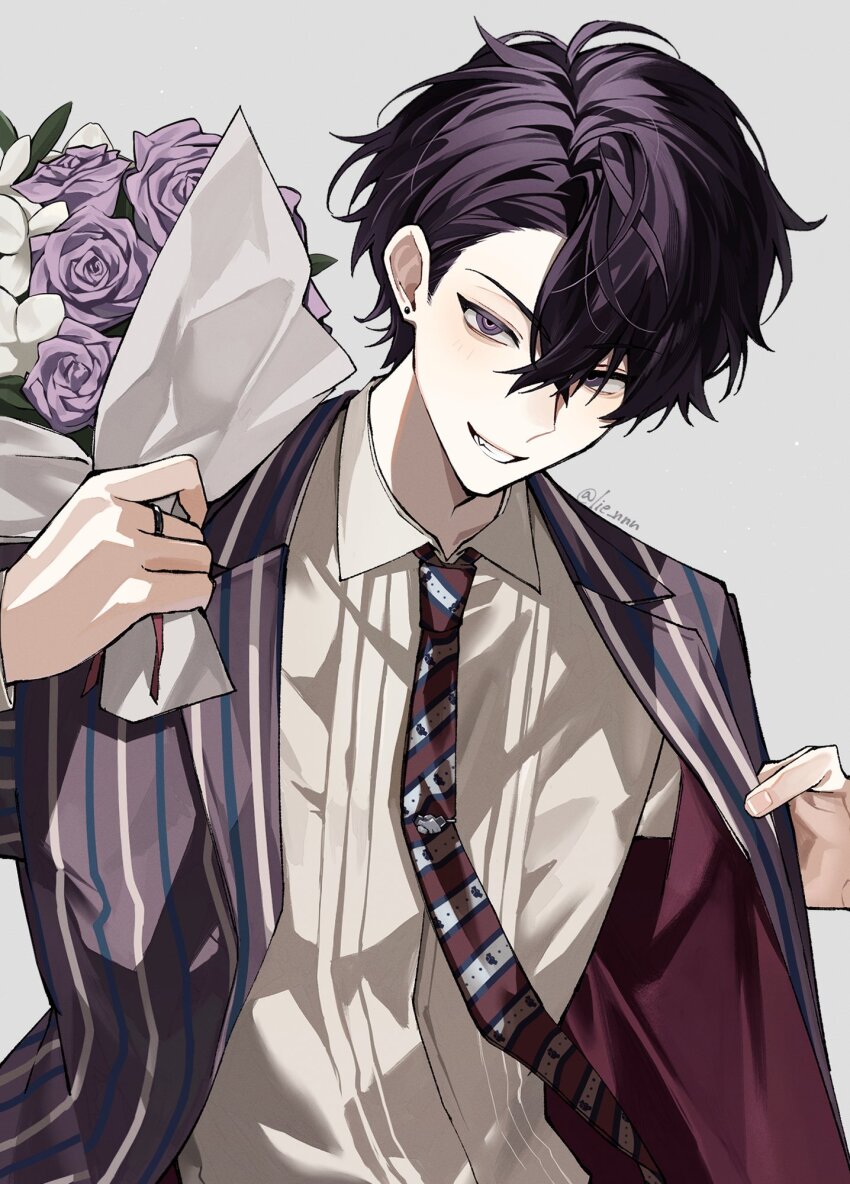 1boy artist_name black_hair blush bouquet collared_shirt crossed_bangs diagonal-striped_clothes diagonal-striped_necktie earrings fang flower grey_background grin hair_between_eyes hands_up hashtag-only_commentary highres holding holding_bouquet holding_flower jacket jewelry lapels lie_nnn long_sleeves looking_at_viewer male_focus necktie nijisanji open_clothes open_jacket parted_bangs purple_eyes purple_flower purple_jacket purple_rose red_necktie ring rose saiki_ittetsu shirt short_hair simple_background smile solo striped_clothes striped_jacket striped_necktie stud_earrings teeth tie_clip twitter_username upper_body v-shaped_eyebrows vertical-striped_clothes vertical-striped_jacket virtual_youtuber white_shirt