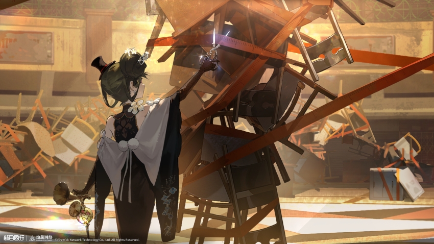 1girl absurdres arm_up black_dress black_gloves black_hat brown_hair cane chair copyright_name copyright_notice cowboy_shot cutting dress elbow_gloves facing_away flower from_behind gloves hair_bun hair_flower hair_ornament hat highres hobble_dress holding holding_cane holding_scissors huge_hair_bun indoors liqing_(xinyue_tongxing) logo long_dress mini_hat mini_top_hat official_art official_wallpaper scissors single_side_bun sleeveless sleeveless_dress solo tape_measure tilted_headwear top_hat white_flower xinyue_tongxing