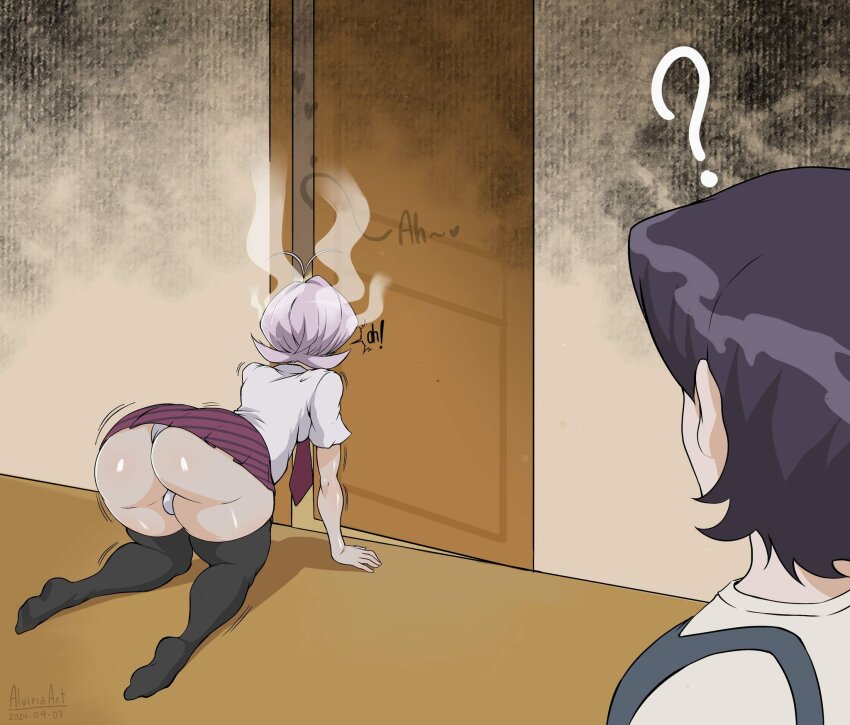 ! 1boy 1girl ? all_fours alviriaart androgynous artist_name ass black_hair curvy door highres huge_ass komi-san_wa_komyushou_desu komi_shouko looking_at_another miniskirt osana_najimi_(komi-san_wa_komyushou_desu) panties presenting purple_hair shiny_skin short_hair signature simple_background skirt smile surprised thighhighs thong trap underwear white_background white_panties wide_hips