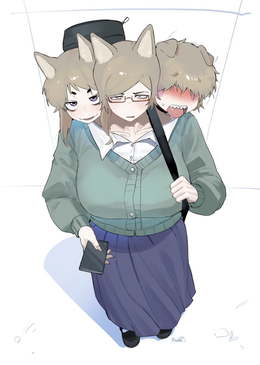 3girls animal_ears bag black_bag black_choker black_shoes blue_skirt blush breasts cellphone cerberus choker collarbone collared_shirt conjoined dog_ears dog_girl ears_down green_sweater hair_over_eyes half-closed_eyes heavy_breathing highres holding holding_bag holding_phone large_breasts long_hair long_skirt looking_at_viewer maikamiaka medium_hair multiple_girls open_mouth original phone purple_eyes purple_hair red-framed_eyewear semi-rimless_eyewear sharp_teeth shirt shoes sidelocks skirt smartphone socks standing sweatdrop sweater teeth thick_eyebrows tongue tongue_out under-rim_eyewear white_shirt white_socks