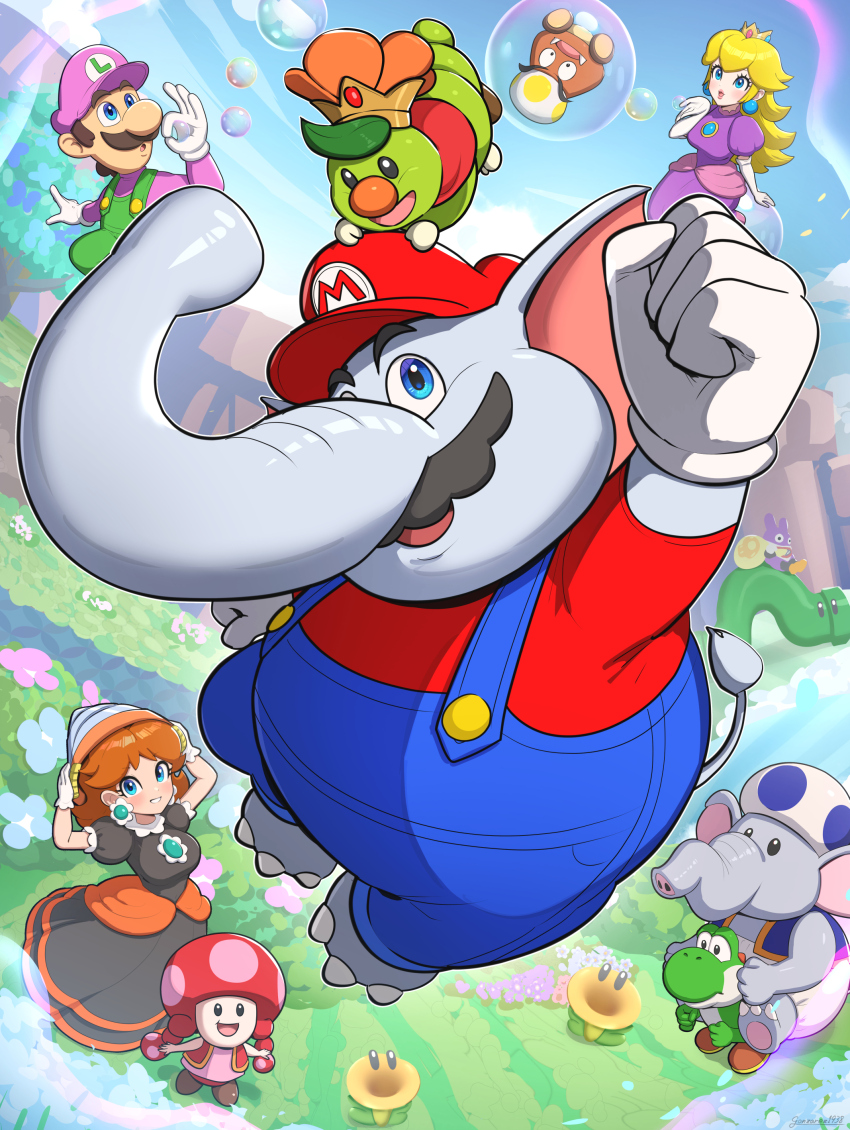 3girls 6+boys absurdres black_dress blonde_hair blowing_bubbles blue_overalls blue_toad_(mario) blue_vest brown_hair bubble bubble_luigi bubble_peach caterpillar clenched_hand crown day dress drill_daisy earrings elbow_gloves elephant_mario elephant_toad_(mario) facial_hair fire_toadette gloves gonzarez goomba goomba_toad_(mario) grass green_overalls hat highres inchworm_pipe jewelry jumping long_hair luigi mario mario_(series) multiple_boys multiple_girls mustache nabbit nintendo orange_dress outdoors overalls prince_florian princess_daisy princess_peach puffy_short_sleeves puffy_sleeves purple_dress purple_headwear red_headwear red_shirt red_vest shirt short_hair short_sleeves sphere_earrings super_mario_bros._wonder talking_flower_(mario) toad_(mario) toadette two-tone_dress vest warp_pipe white_gloves yellow_toad_(mario) yoshi