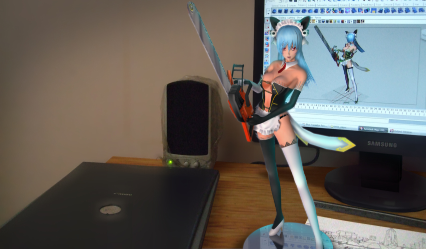 1girl 3d animal_ears apron asymmetrical_legwear bare_shoulders black_gloves black_legwear blue_hair breasts chainsaw computer_keyboard contrapposto corset desk detached_collar elbow_gloves fake_animal_ears female_focus figure figure_(object) gloves high_heels highres indoors large_breasts light_blue_hair long_hair maid maid_apron maid_headdress medium_breasts mismatched_legwear monitor necktie no_bra original photo_background red_eyes red_necktie revealing_clothes scanner shoes solo speaker tan_(knock_up) waist_apron white_legwear white_shoes