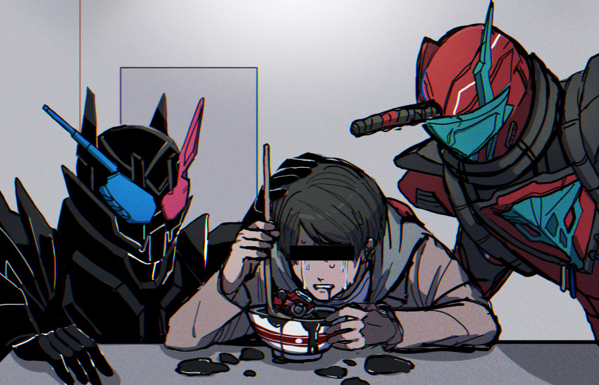 2boys 6429osushi armor bar_censor black_armor blank_room_soup blood_stalk bowl brown_hair brown_hoodie brown_jacket censored censored_identity clenched_teeth commentary_request crying dual_persona film_grain hand_on_another&#039;s_back hand_on_another&#039;s_head hazard_trigger highres holding holding_ladle hood hoodie indoors jacket kamen_rider kamen_rider_build kamen_rider_build_(rabbittank_hazard_form) kamen_rider_build_(series) kiryuu_sento ladle looking_at_another male_focus multiple_boys parody red_armor short_hair sweatdrop teeth tokusatsu