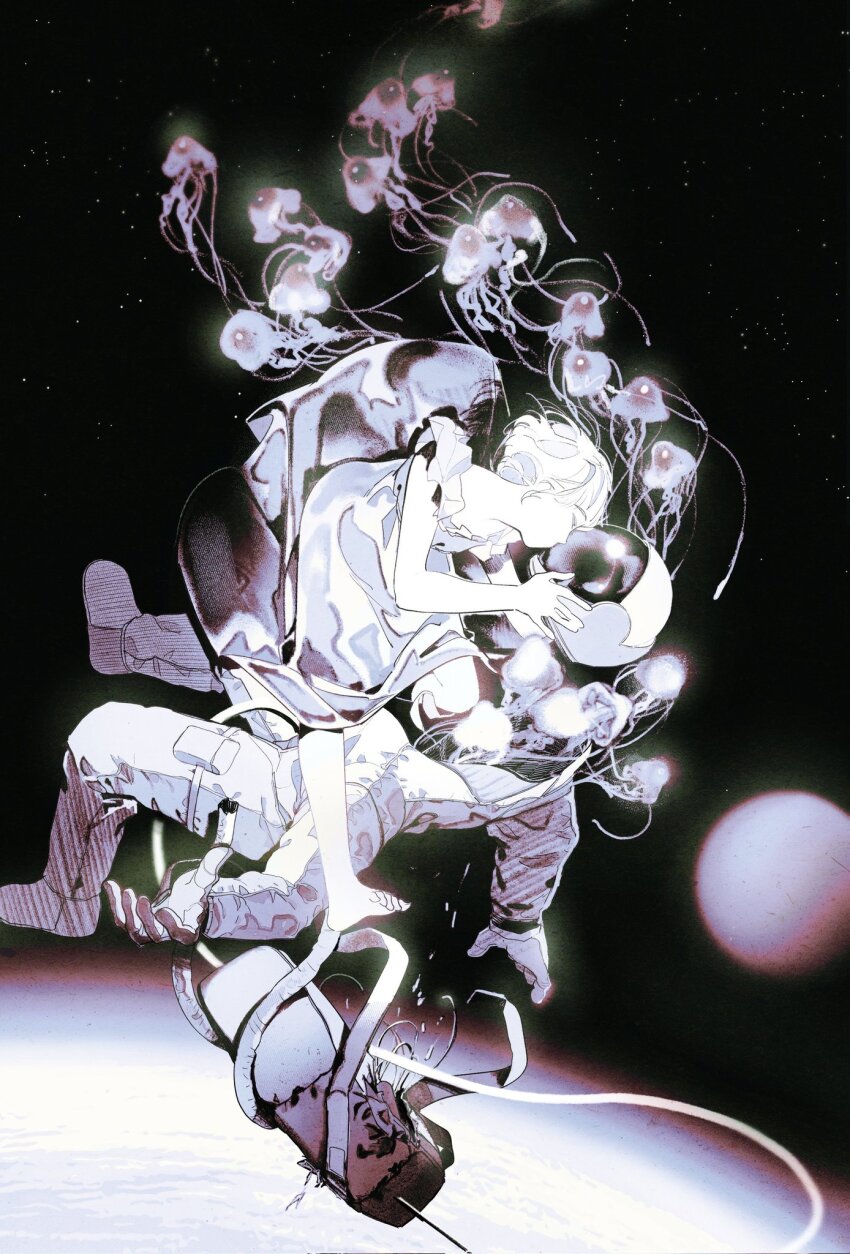 1girl astronaut bag bare_shoulders barefoot closed_eyes colored_skin dress falling floating gloves hair_between_eyes helmet helmet_kiss highres holding in_orbit jellyfish kiss moon original planet short_hair space space_helmet space_uniform toktin_zq white_dress white_skin