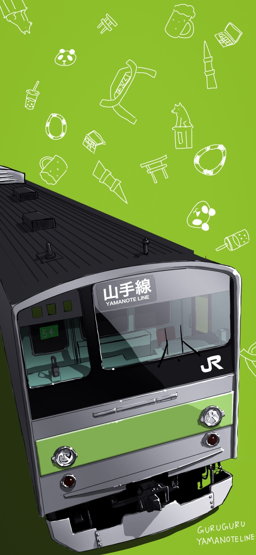 209all absurdres commentary_request east_japan_railway_company english_text green_background highres japan_railways jr_205_series multiple_unit_train no_humans original railroad_tracks scribble_background simple_background train vehicle_focus wipers