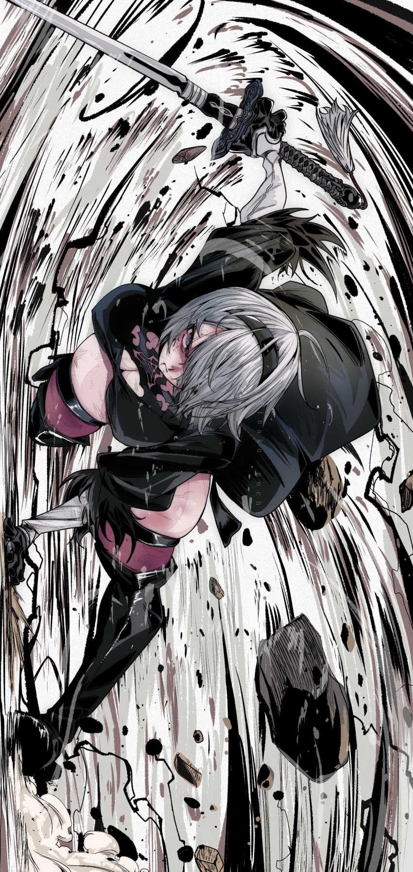 1girl 2b_(nier:automata) ahoge all_fours angry black_boots black_dress black_gloves blush boots branch breasts cleavage cleavage_cutout clothing_cutout dress gloves grey_eyes grey_hair hair_over_one_eye hairband holding holding_sword holding_weapon kinakomochi_(user_vedc2333) large_breasts looking_at_viewer nier:automata nier_(series) puffy_sleeves rock short_hair short_sleeves square_enix sword tassel thick_thighs thigh_boots thighs water waterfall weapon