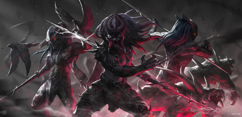 3boys absurdres alien armor berserker_predator bifurcated_jaw bird clothes_grab collar_grab crow dreadlocks falconer_(predator) gauntlets greyscale helmet highres holding holding_polearm holding_weapon jaw laser laser_pointer_projection laser_sight long_hair mask monochrome mr._black multiple_boys muscular neckwear_grab pauldrons polearm predator_(1987) predator_(character) predator_(series) predators_(2010) red_eyes shoulder_armor shoulder_cannon skull_mask tracker_(predator) weapon xiaoguimist